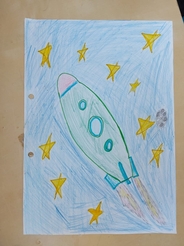 (на картинке изображен космический пейзаж, синяя ракета устремлена к звездам)