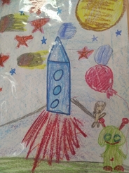 (на картинке изображен космический пейзаж, синяя ракета устремлена к звездам, зеленый инопланетянин машет ручкой в левом краю экрана)